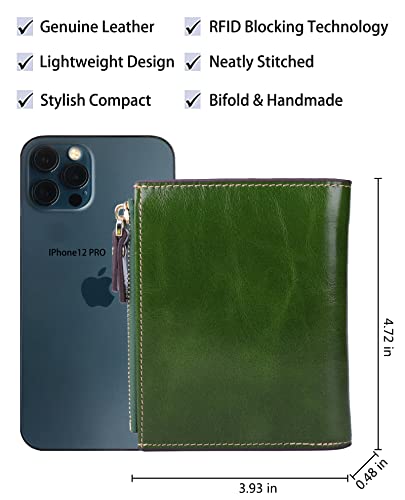 Ainimoer Women's Rfid Blocking Leather Small Compact Bi-Fold Zipper Pocket Wallet Card Case Purse With Id Window (Waxed Green) #TOP3
