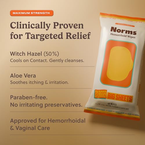 Image of Norms Big Sheets XL Hemorrhoid Wipes, Witch Hazel, Flushable, 48ct 3-Pack | At 7 by 8 inches, nearly twice the size of standard wipes, great postpartum compress, flushable, septic safe.