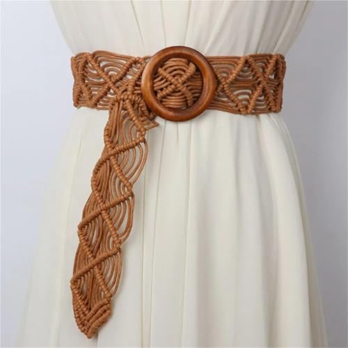 Decorative Belt Rope Hand-woven DIY Beach Dress Waistbands Accessories Belts Braided Belt Women Waist Chain Round Wooden Button(Beige)4