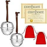 Poen 2 Sets Polar Sleigh Bell Gift 2 Inch Christmas Believe Bells and Certificate of Authenticity Red Velvet Gift Bags Sleigh Bells Reindeer Ornaments for Xmas Party(Silver,Simple)