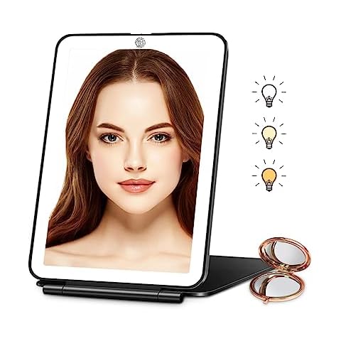 YUVIKE Travel Makeup Mirror, Vanity Mirror with Lights, 56 LED Vanity Mirror, Dimmable Touch Screen, 3 Colors Modes, 2000mAh Batteries, Portable Lighted Makeup Beauty Mirror, Travel Essentials Cover