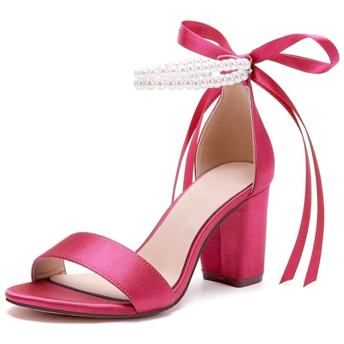 Image of Women's Open Toe Pearl Wedding Shoes for Bride High Heels Sandals Satin Bridal Block Chunky Heels Ankle Strap Prom Evening Party Pumps