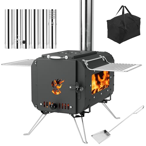 Portable Wood Stove for Tents, Compact Folding with Side High Temp Glass, Damper & 6 Pipes, Wood Burning Heater for Camping, Ice Fishing, Black