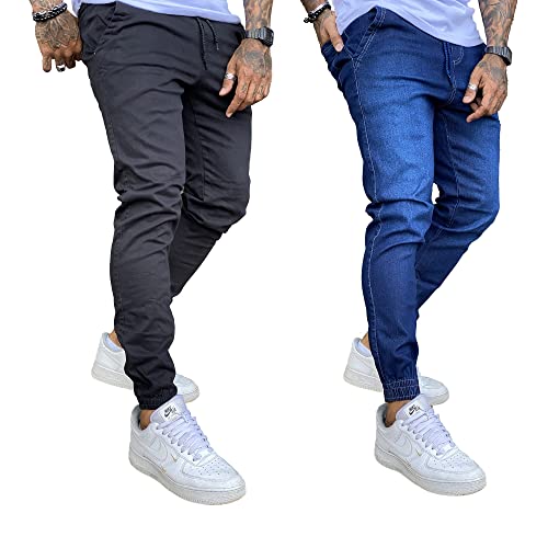 Kit 2 Calça Jeans Masculina Jogger Com Punho 19 Modelos (G, Preta e Jeans Escuro)