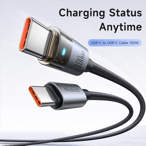 Image of mcdodo 100W USB-C to USB-C Charging Cable with Flashing Light 4ft, Nylon Braided USBC to C Fast Charging Cable Fit for iPhone 16 15 Pro ProMax Plus, Galaxy S23 /S22+Ultra, iPad, MacBook(Black)