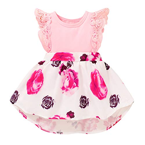 HAPPYMA Infant Toddler Baby Girl Dress Floral Lace Dresses Ruffle Flying Sleeve Skirt Outfits (Pink # Romper, 0-3 Month)