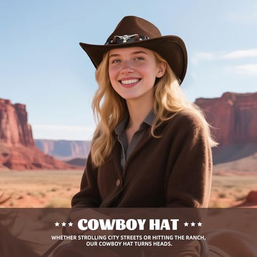 Image of Classic Western Cowboy Hat Cowgirl Hat Unisex Men's & Women's Wide Brim Felt Fedora Hat Flat Top with Buckle Belt