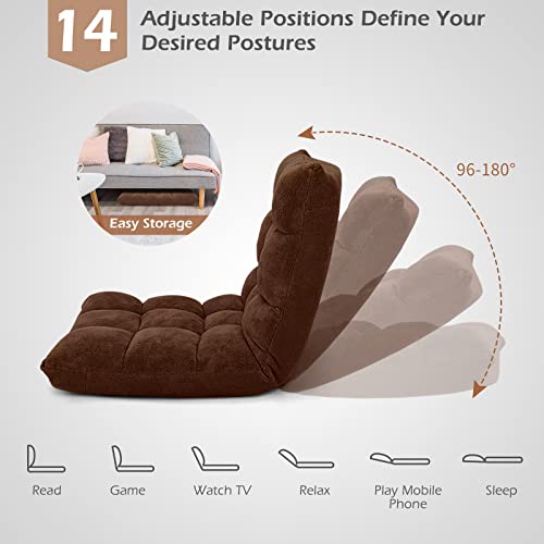 Image of COSTWAY Adjustable Floor Chair, Video Gaming Chairs with Back Support, Alloy Steel Frame, Soft Coral Fleece, Lazy Sofa Lounge for Reading Living Room Recliner for Adults Kids, Brown