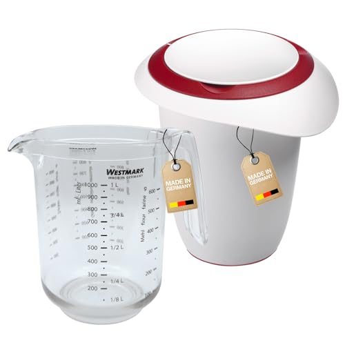 Westmark Set 2 unidades, Jarra medidora de 1l y recipiente para batir con tapa de dos partes de 1l, de medición con escala multilingüe, Con vertido, Plástico,Gerda, Transparente/Blanco/Rojo, 306822E6