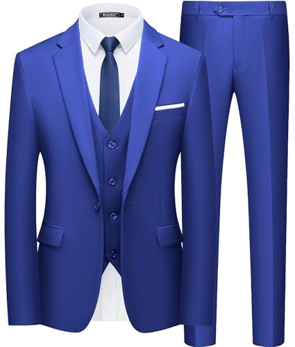 WULFUL Men’s Slim Fit Suit One Button 3-Piece Blazer Dress Business Wedding Party Jacket Vest & Pant