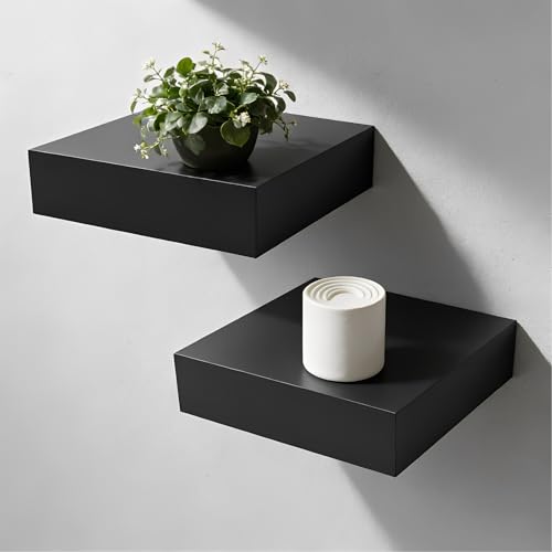 qiwuhai 2 Piezas Estanteria Pared Madera Negro, Baldas Flotantes Pared, Estanterias de Pareds, Baldas Pareds para Paneles acústicos, baño, Cocina, Sala de Estar (Negro, 14,5 x 15 x 3,8 cm)