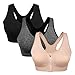 Women's Zip Front Sports Bra Wireless Post-Surgery Bra Active Yoga Sports Bras (L:Fit 34C,34,34D,34DD,36B,36C,38A,38B, 3 pack(Black+Grey+Flesh))