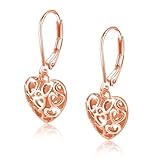 LANCHARMED 925 Sterling Silver Heart Dangle Drop Earrings for Women, Rose Gold Trendy French Style Silver Leverback Earrings Hypoallergenic Jewelry