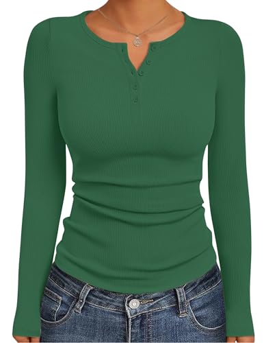 Ekouaer Women's Long Sleeve Henley Shirts Button Ribbed Knit Tops Basic Layering Slim Fit Soft Thermal Underwear Tops Green XS