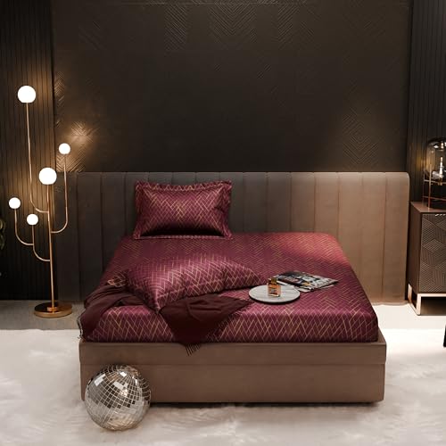 Image of Stoa Paris 300TC UltraSatin Double Fitted Bedsheet Set with 2 Pillow Covers, Gentle on Skin & Hair, Wrinkle & Fade Resistant, Home Decor, Gift for Couple, Starlit Night - Wine (152cmx198cm+30cm)