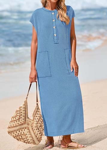Image of KIRUNDO Womens Summer Ribbed Knit Short Sleeve Maxi Dress | 2026 Spring Henley Button Up Knitted Tshirt Dress, Loose Beach Vacation Sundress, Teacher Dress, Loose Fit Nursing Friendly