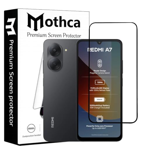Image of Mothca Military-Grade Gorilla Tempered Glass Compatible with Redmi A7 | Black | Full Screen Protection | Scratch Resistant | Easy Installation Kit (Pack of 1)