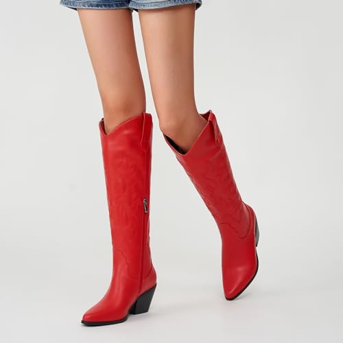 White Cowgirl Boots Wide Calf Cowgirl boots- Western Style Embroidered Knee High Cowboy Boots with Pointed Toe Chunky Heel Fashion Retro High Boot Pull-On4