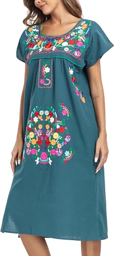 Image of YZXDORWJ Women Mexican Embroidered Long Dress Ruffle Collar Maxi Boho Floral Summer Short Sleeve