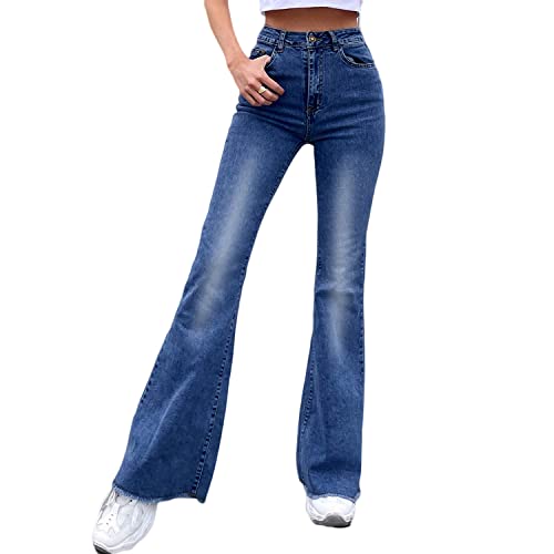 Women's Flare Jeans, High Waist Bell Bottom Denim Pants Classic Wide Leg Destroyed Raw Hem Jeans for Girls Teens
