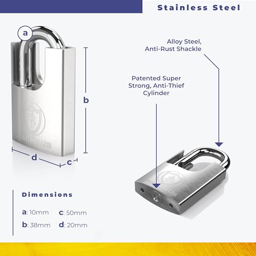 Image of Magmaus SDL /50 [Closed Shackle] Heavy Duty Lock with 3 Keys - [Stainless Steel] Weatherproof Padlock for Outdoor Use - Ideal for Storage Unit, Shipping Container, Gate