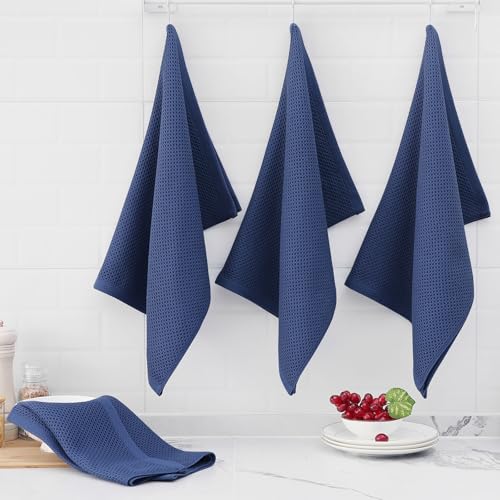 Image of Homaxy 100% Cotton Oversized Waffle Weave Kitchen Dish Towels, Ultra Soft Absorbent Quick Drying Cleaning Towel, 20 x 28 Inches, 4-Pack, Navy Blue