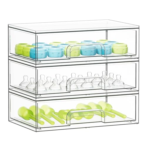 SpaceAid Bottle Storage Organizer Baby - Acrylic Bottles Station Organizer Container Stackable Clear Drawers for Countertop Vanity Bathroom Cabinet Pantry Organization 3 Pack 3L 10.3H