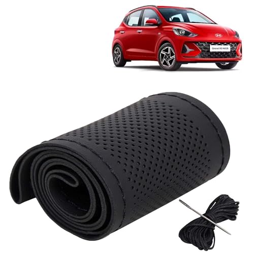 Image of KINGSWAY PU Leatherite Car Steering Cover Sewable Compatible with Hyundai Grand I10 Nios (Year 2023 Onwards), Black Color with Black Thread, Pack of 1 with Sewing Needle and Thread