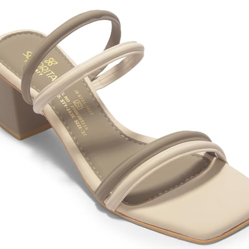 Image of Liberty Senorita STY-162E Heels for Women - Beige Block Heel Slip-On Sandals | Soft Cushioned Footbed, Lightweight Fashion Footwear for Festive, Party, Wedding, Ethnic, College
