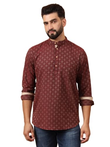 Image of LATEST CHIKAN Men's Cotton Regular Self Design Short Kurta Full Sleeves - Casual Ethnic Wear