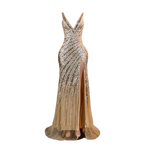 Women's Sparkly Sequin V-Neck Prom Dress Formal Evening Party Gowns with Slit