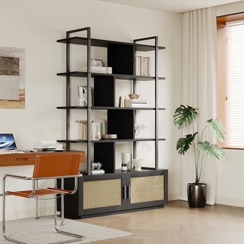 Garvee 5 Tier Tall Bookshelf with Open Display Shelves, 71 Inch Rattan Classical Book Shelf with Storage, 5 Open Storage Bookcase with Metal Frame for Living Room, Bedroom and Home Office