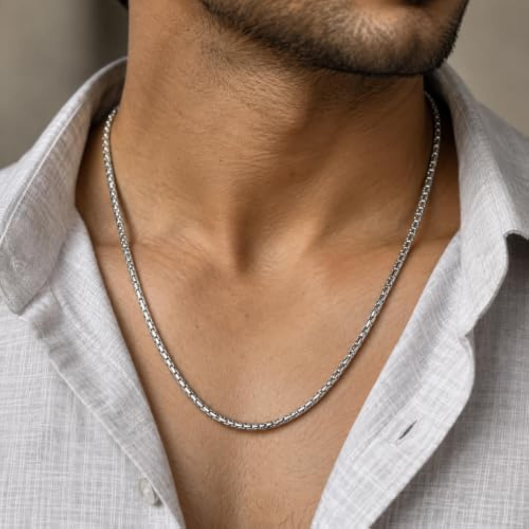 Men's Polished Curb-Link Silver Chain, Waterproof & Anti-Tarnish