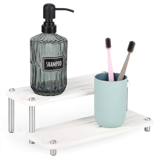Image of Segbeauty 2 Tier Fast Dry Diatomaceous Vanity Tray, 11x4.3in Water Absorbing Stone Drying Tray, Quick Drying Bathroom Counter Dish Soap Dispenser Rack, Kitchen Counter Sink Organizer Sponge Holder