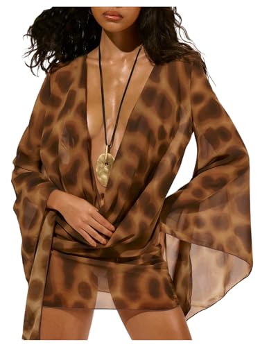 Floerns Women's Animal Print Swimsuit Cover Up Sundress Deep V Cowl Neck Bell Sleeve Beach Vacation Mini Dress