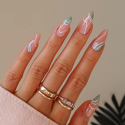 Sethexy Abstrait Stylet Faux Ongles Nu Rose Coller sur les ongles Ligne ondulée Faux ongles 24 pièces Acrylique De l'art Appuyez sur les pointes des ongles pour les femmes et les filles Cover