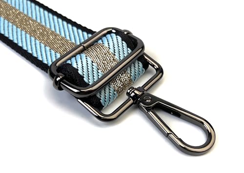 Image of Light Blue and Gold Thread Stripe Webbing Purse Strap with Gunmetal Black Hardware 1-1 /2 Inch Wide Replacement Crossbody Guitar Style Adjustable Shoulder Strap for Handbags Totes
