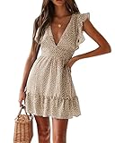 Womens Smocked Dress Ruffled Floral Print Flowy Mini Dresses Flutter Sleeve Sexy V Neck Cute Summer Short Dress