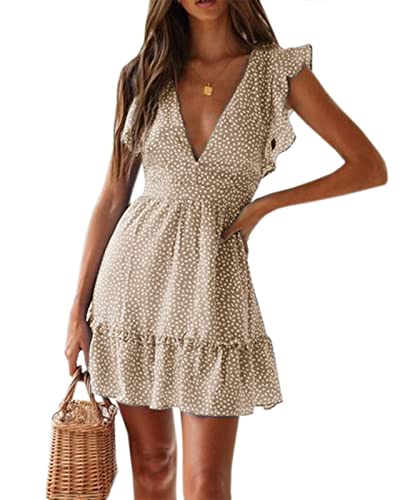 Summer Dresses for Women 2026 Floral Mini Dress Flowy Sexy Deep V Neck A-Line Ruffle Flutter Sleeve Cute Polka Dot Swing Sun Dresses