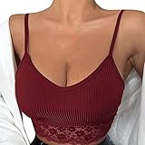 Women's Tank Tops Spaghetti Strap V Neck Bra Tank Floral Corset Cami Lingerie Crop Bralet Bralette Underwear Lace Women Women's Tanks & Camis Camisole Summer Sleeveless Shirts (Wine, XS)