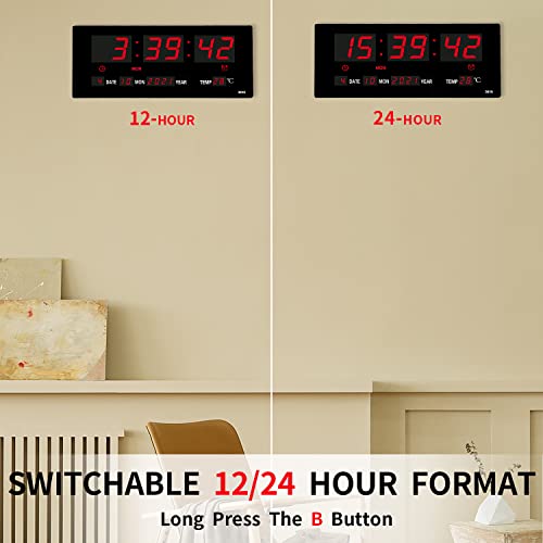 Lotcain 14.1 Inch Oversized Led Digital Wall Clock With Indoor Temperature, Seconds, Date, Day, Memory Function Adapter Included, Wall Decorative For Living Room, Office, Conference Room, Bedroom，Red #TOP5