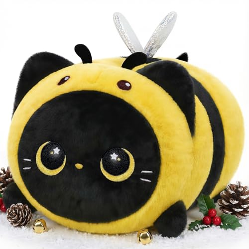 Mewaii Schwarze Katze Biene Plüschkissen 20CM Weiches Kawaii Kuscheltier für Kinder,Niedliches Katze Plüschtier,Perfektes Kuschelkissen und Geschenk