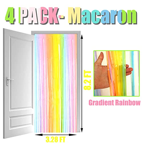 Image of 4 Pack Macaron Rainbow Foil Fringe Curtain Backdrop, 3.28Ftx8.2Ft Colorful Foil Fringe Streamers Curtains for Party, Photo Booth Props, Birthday, 2022 Graduation Decoration Supplies