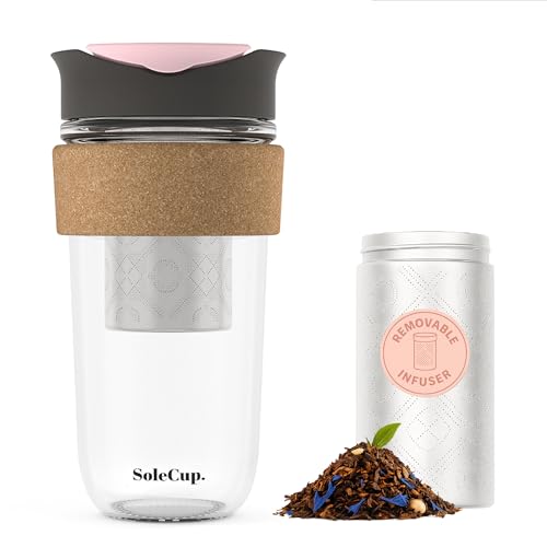 SoleCup Large Travel Mug with Detachable Tea Infuser - Spill-Proof Lid - 18oz/530ml BPA-Free Reusable Glass Coffee Cup with Cork Band (Grey and Pink)
