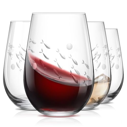 SHOSHIN Stemless Wine Glass, 18Oz Wine Glasses Set of 4, Hand Cut Premium Unique Wine Glasses, Crystal Wine Glass for Red and White Wine, Handmade Gifts for Women, Men and Friends