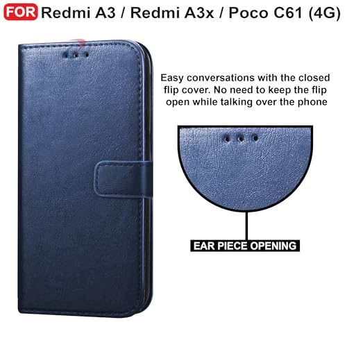 Image of CEDO Flip Cover for Redmi A3 / Redmi A3x / Poco C61 (4G) | Leather Finish | Inside Pockets & Inbuilt Stand | Shockproof Wallet Style Magnetic Closure Back Case Flipcover (Blue)