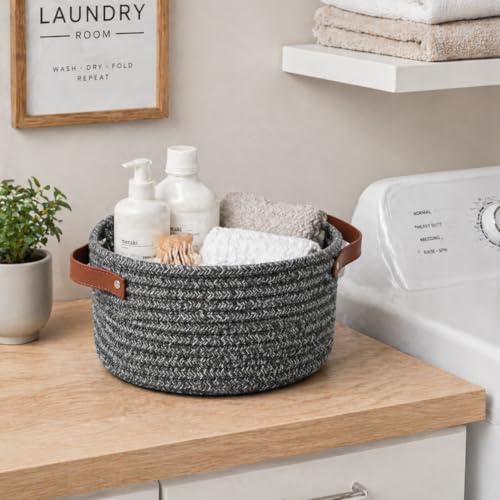 Image of Small Woven Basket, Cute Mini Cotton Rope Storage Basket with leather handle, Tiny Decorative Round Storage Bin, Boho Empty Gift Baskets for Organizing, Toy Organizer for Nursery (Grey)