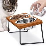 Elevated Cat Bowls for Food and Water - Loplurea 15° Tilted Raised Stainless Steel Cat Food Bowl with Brown Bamboo Stand and Anti Vomit Feeding Station for Indoor Kittens and Pet