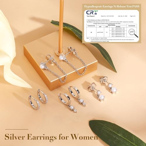 Kenivira Sterling Silver Plated Earrings Set for Women Trendy,Pearl Stud Huggie Dangle Chain Earring Stacks Hypoallergenic, Cute Small CZ Hoop Earring Sets for Multiple Piercing - image 6