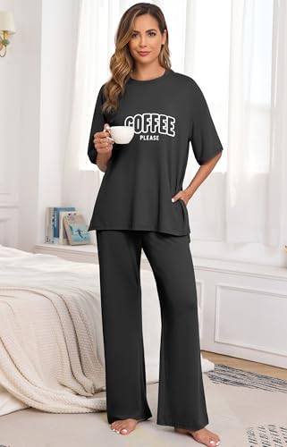 Image of PrinStory Womens Pajamas Sets 2 Piece Lounge Set Short Sleeve Tops and Long Pants Soft Pjs Loungewear with Pockets